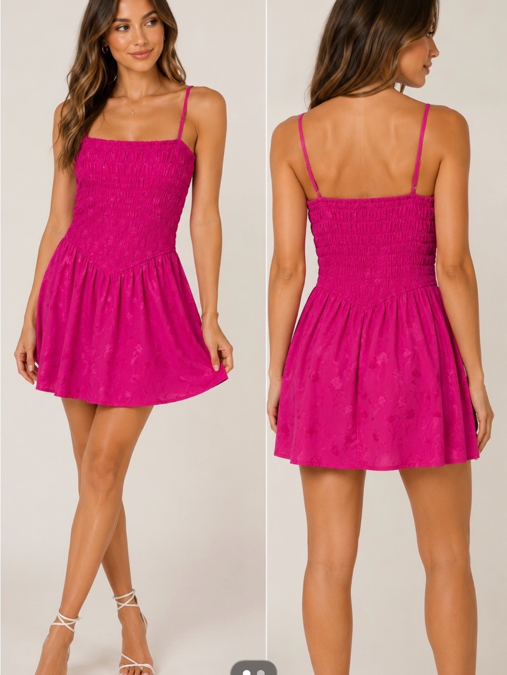 Japna NWT Hot Pink Smocked Floral Jacquard Mini Dress Size M